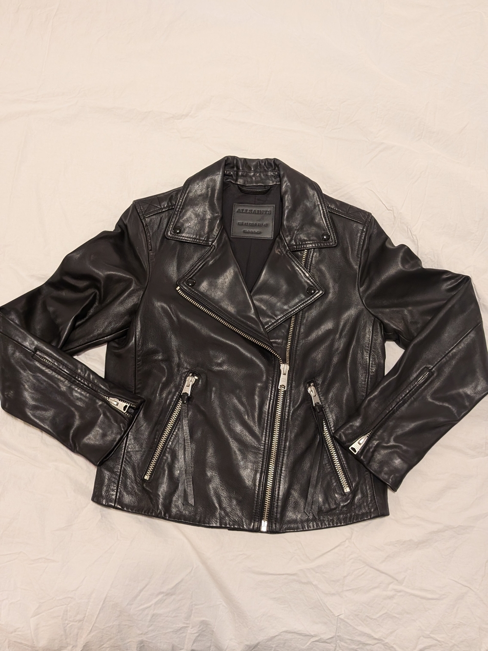 All Saints Black Leather Moto Jacket with Silver Hardware